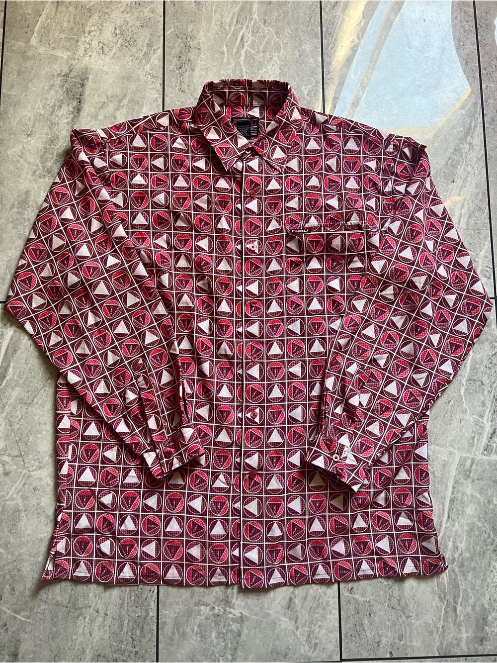 Vintage FUBU Mens XL Geometric Print Button Down Shirt Red Long Sleeve 90s Y2K